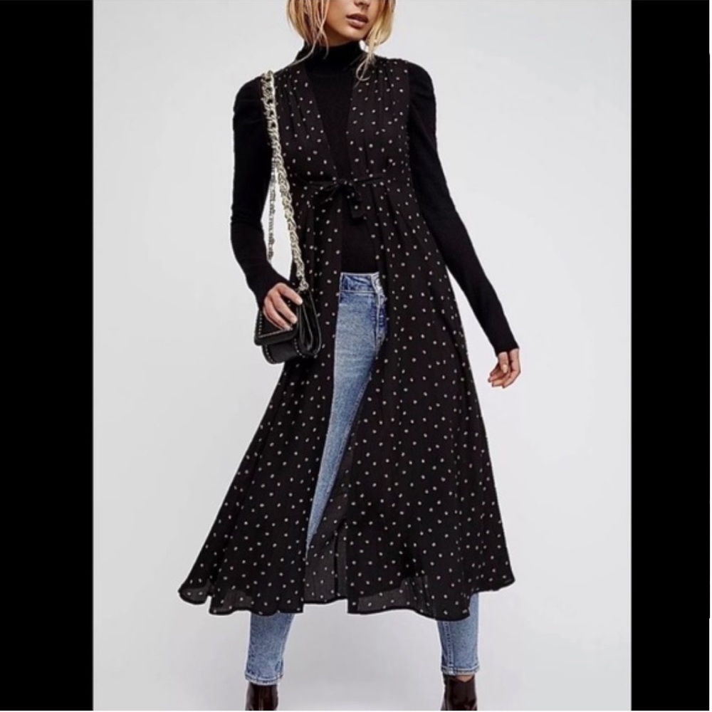 Free people dotted tie front maxi vest duster